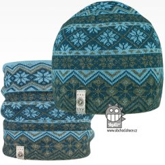 Merino set, pletená čepice a nákrčník Oslo - vzor 04 - tyrkysová / petrolejová / šedá