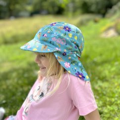 Letní funkční kšiltovka s plachetkou na krk SAFARI - vzor 16 - zelenomodré kytky