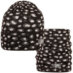 Merino pletená čepice a nákrčník Urban - vzor 25 - černá / šedá - leopard