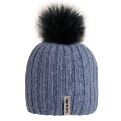 Dámská zimní pletená kašmírová čepice - vzor 059 - šedomodrá - bambule z pravé kožešiny