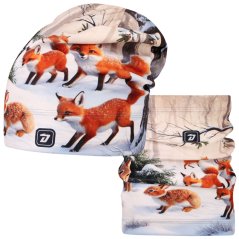 Set fleecové čepice a nákrčníku Yetti - vzor 65 - béžová - zvířátka v lese