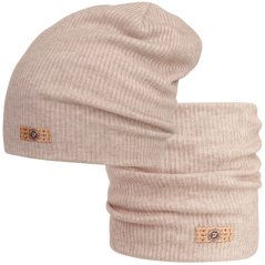 Spadlá čepice s nákrčníkem Rayon Rib set - vzor 003 - béžová melír