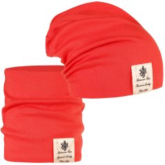 Bavlněná čepice s nákrčníkem Pastels DOUBLE set - vzor 42 - korálová