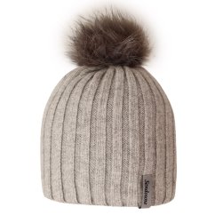 Dámská zimní pletená kašmírová čepice - vzor 064 - světle šedá - bambule z pravé kožešiny