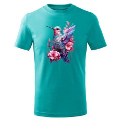 Dětské bavlněné tričko s potiskem - vzor 043 - emerald / kolibřík