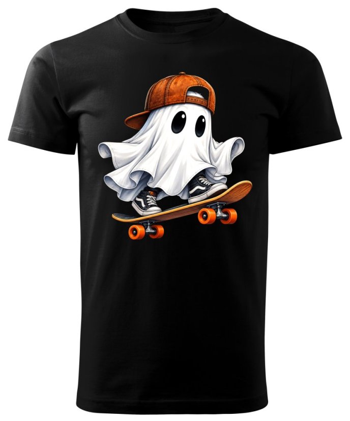 Dětské bavlněné tričko s potiskem - vzor 0259 - bílá - Halloween - bubák na skateboardu - Barva: Černá, Velikost: 134