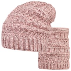 Pletená čepice a nákrčník Charm - vzor 008 - starorůžová