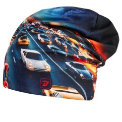 Fleecová čepice Yetti - vzor 46 - modrá - auta na dálnici