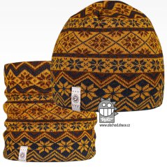 Merino set, pletená čepice a nákrčník Oslo - vzor 10 - modrá / hořicová