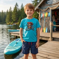 Dětské bavlněné tričko s potiskem - vzor 0244 - tyrkysová  - medvěd na paddleboardu