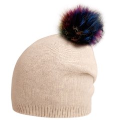 Dámská zimní pletená kašmírová čepice - vzor 050 - béžová - bambule z pravé kožešiny