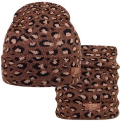 Merino pletená čepice a nákrčník Urban - vzor 21 - hnědá / béžová - leopard