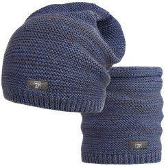 Čepice pletená a nákrčník Colors set - vzor 053 - šedomodrá melír