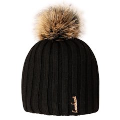 Dámská zimní pletená kašmírová čepice - vzor 058 - černá - bambule z pravé kožešiny