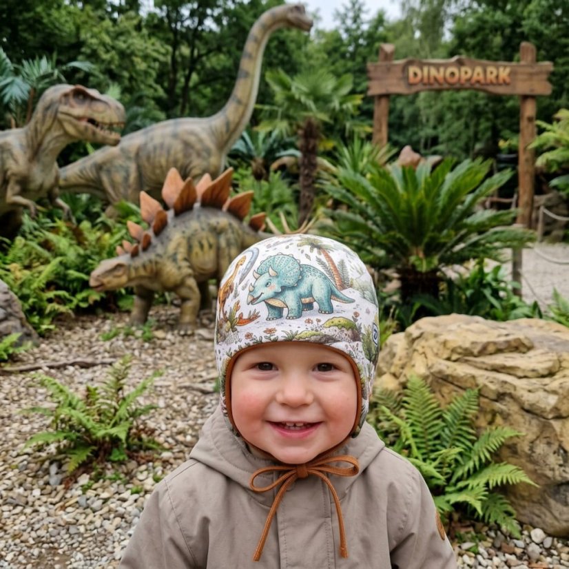 Dětská podzimní funkční čepice Severka - vzor 012 - zelenomodrá - dinosauři