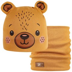 Dětská bavlněná čepice s nákrčníkem Zoo - zvířátka - vzor 04 - tmavě hořčicová - medvídek