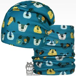 Set fleecové čepice a nákrčníku Yetti - vzor 03 - petrol, pejsci
