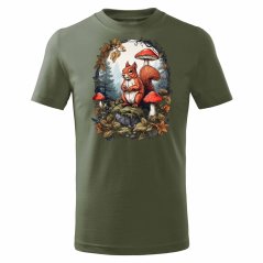 Dětské bavlněné tričko s potiskem - vzor 0193 - khaki zelená tmavá / Veverka a houby