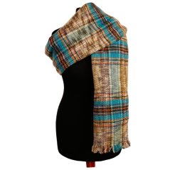 Dámská elegantní šála - vzor 019 - hnědá / tyrkysová - kostka