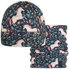 Set funkční čepice a nákrčníku Bruno - vzor 001 - tmavě modrá jednorožci