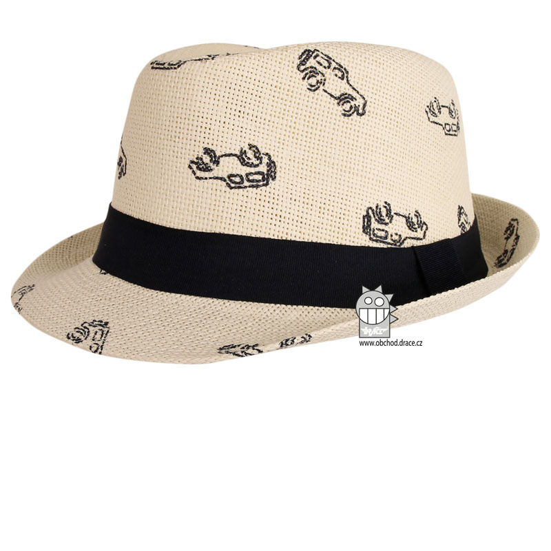 Letní chlapecký klobouk/slamák - Trilby - vzor 004 - krémová - auta